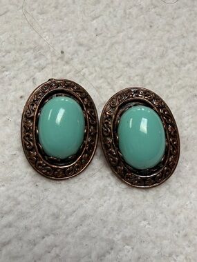 Women's Turquoise Cabochon Oval Earrings with Antique Bronze Setting